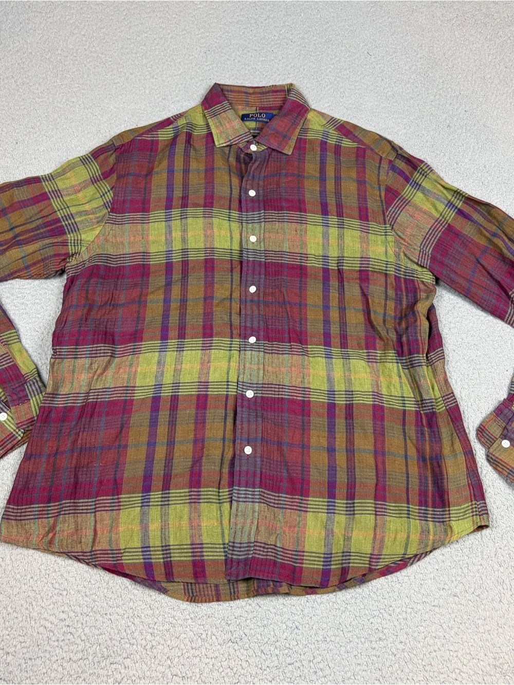 Polo Ralph Lauren Linen Shirt Men’s L Multicolor Plaid Button Up Breathable